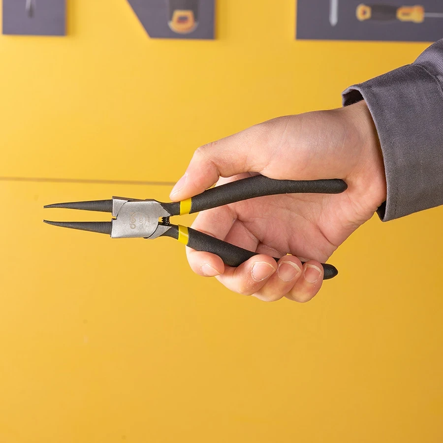 Deli 7" Professional 4-Piece Circlip Pliers Set | Drop-Forged 40Cr Steel Internal & External Snap Ring Pliers with Anti-Slip Grips | EDL104407 (Yellow/Black)