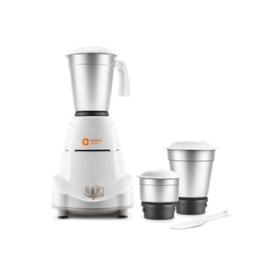 Orient Elite Super 500W Compact 3-Jar Mixer Grinder | High-Torque Motor with 1.25L Capacity, Stainless Steel Blades & 3-Speed Control (White)