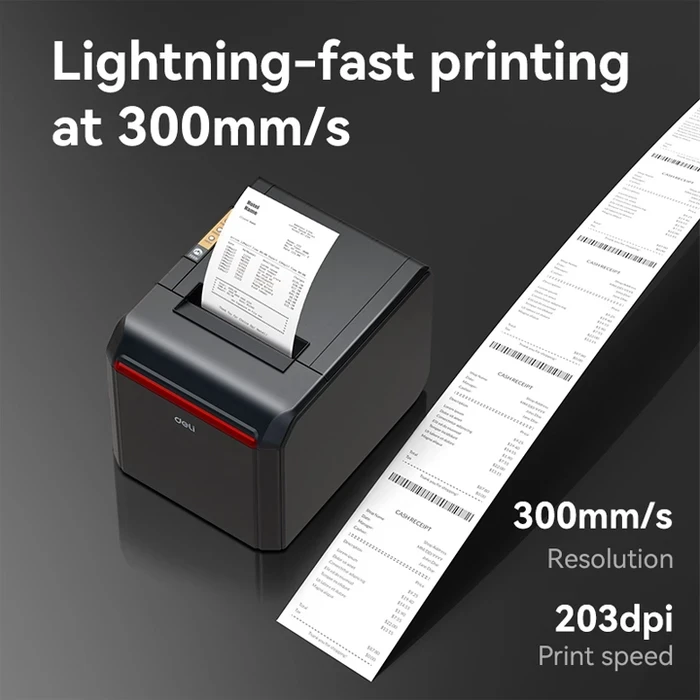 DELI 3.0" High-Speed Desktop Direct Thermal Receipt Printer | 300mm/s 203 DPI Auto Metal Cutter USB Serial & Cash Drawer Port | ES301
