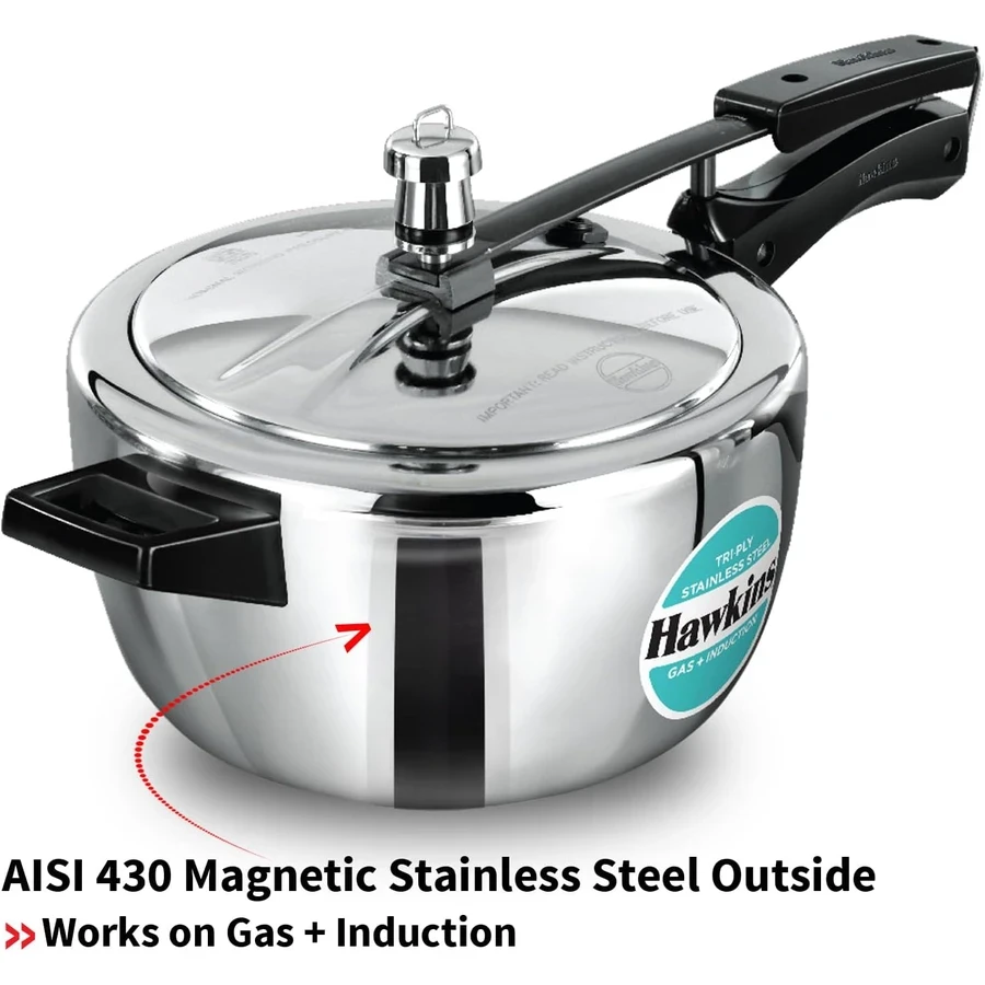 Hawkins HSST35 3.5L Tri-Ply Stainless Steel Pressure Cooker | 3mm Extra Thick | Induction Compatible | Wide Mouth | Silver