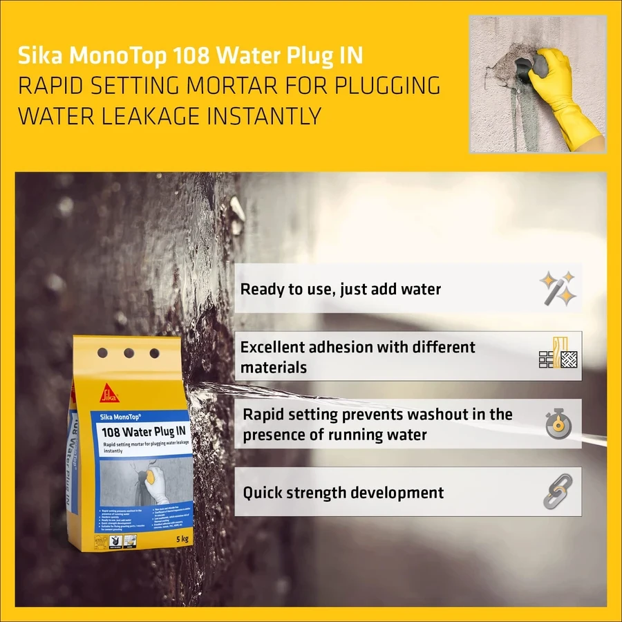 Sika MonoTop 108 Water Plug 5kg 708825 | Ultra Fast Setting Cementitious Mortar | Stops Active Leaks | Grey