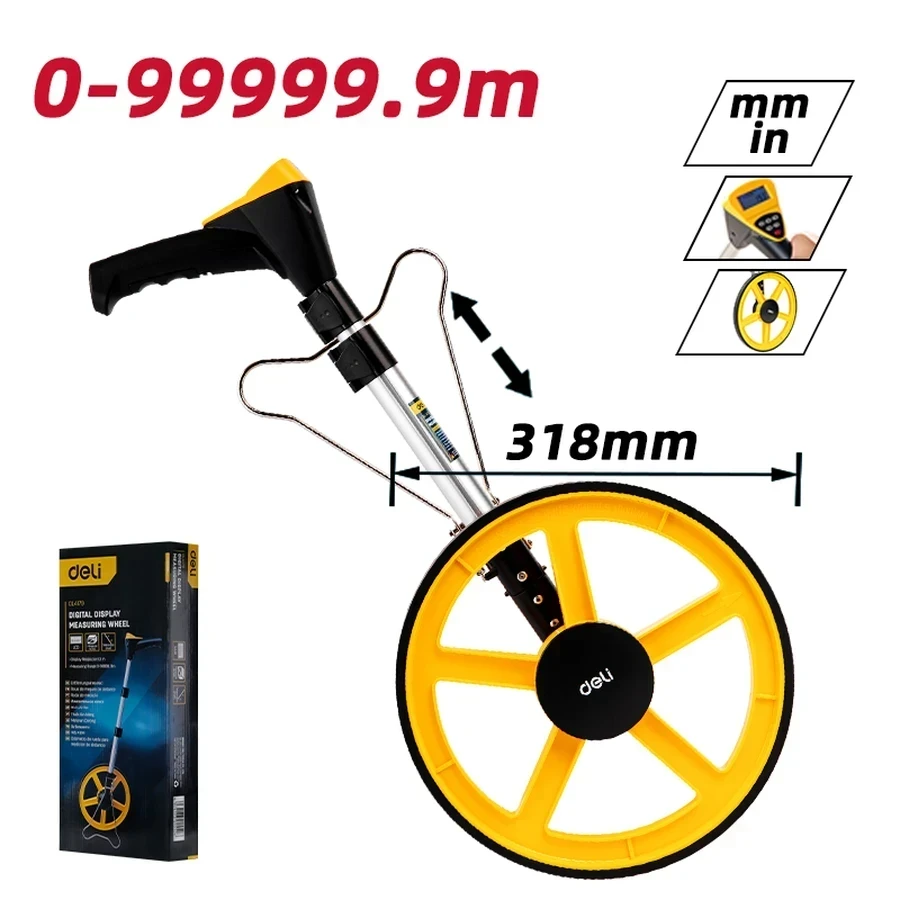 Deli 300mm (12.5") Professional Digital Distance Measuring Wheel | Metric/Imperial Electronic Survey Meter with Large Backlit LCD, 5 Data Memory & 3-Stage Folding Handle | EDL4179 (Yellow)