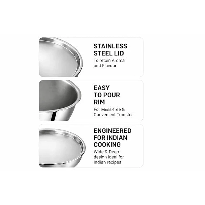 Panasonic Triply Stainless Steel Induction Base Kadai with Stainless Steel Lid (1.5L to 4.8L / 20cm to 30cm) | Fast Uniform Heating Multi-Cooktop Compatible - ND-KA Series
