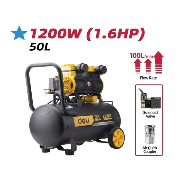 Deli 1200W Professional 50L Oil-Free Air Compressor | Heavy-Duty High-Flow Pneumatic Workstation for Spray Painting & Air Tools with Fast Recovery Tank & Transport Wheels | EDL-WKY50-E1