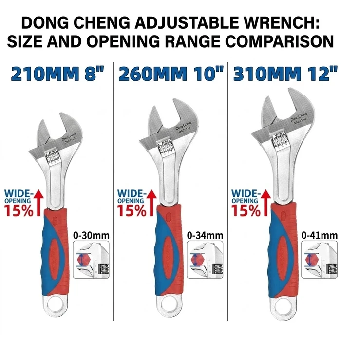 Dongcheng 8", 10" & 12" Heavy Duty Adjustable Wrench (210mm–310mm) | Heat-Treated 45# Carbon Steel & Chrome Plated Wide Jaw Spanners with Ergonomic PP+TPR Soft Handle | DG Series