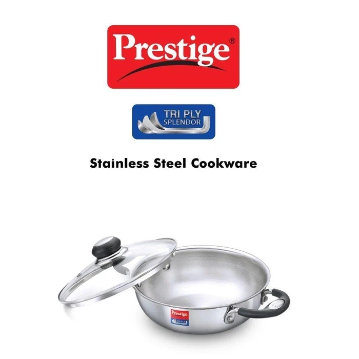 Prestige Triply Splendor Stainless Steel Induction Base Kadai with Tempered Glass Lid (24 CM / 2.7L & 26 CM / 3.25L) | 3-Layer Composite Cookware - Model 37424 / 37425