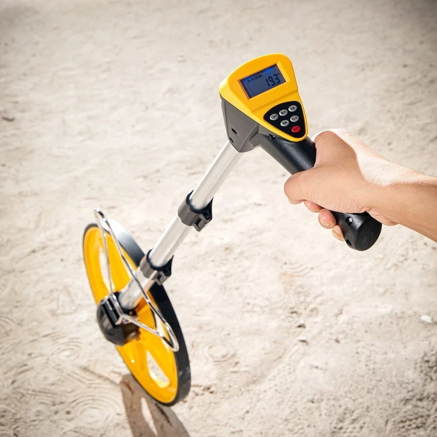 Deli 300mm (12.5") Professional Digital Distance Measuring Wheel | Metric/Imperial Electronic Survey Meter with Large Backlit LCD, 5 Data Memory & 3-Stage Folding Handle | EDL4179 (Yellow)
