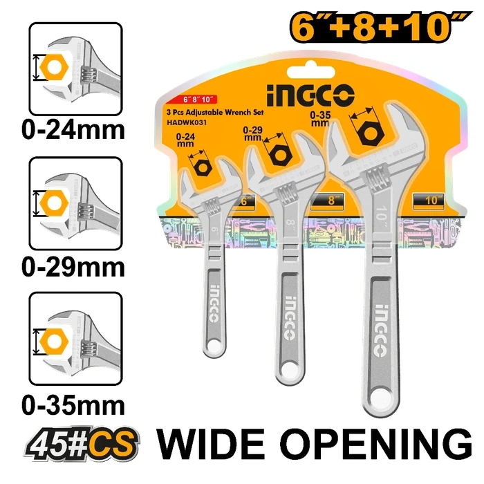 INGCO 3-Piece Professional Adjustable Wrench Set | Heavy-Duty Drop Forged Carbon Steel Shifter Kit (6", 8", 10") with Wide Jaw Jaws up to 30mm & Laser Etched Metric Scales | HADWK031