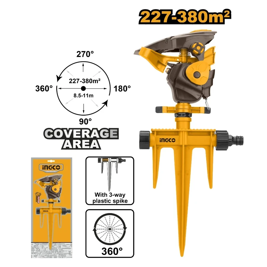 INGCO 360° Plastic Auto Gear Sprinkler | 3-Pin Spike Base | HPS13601