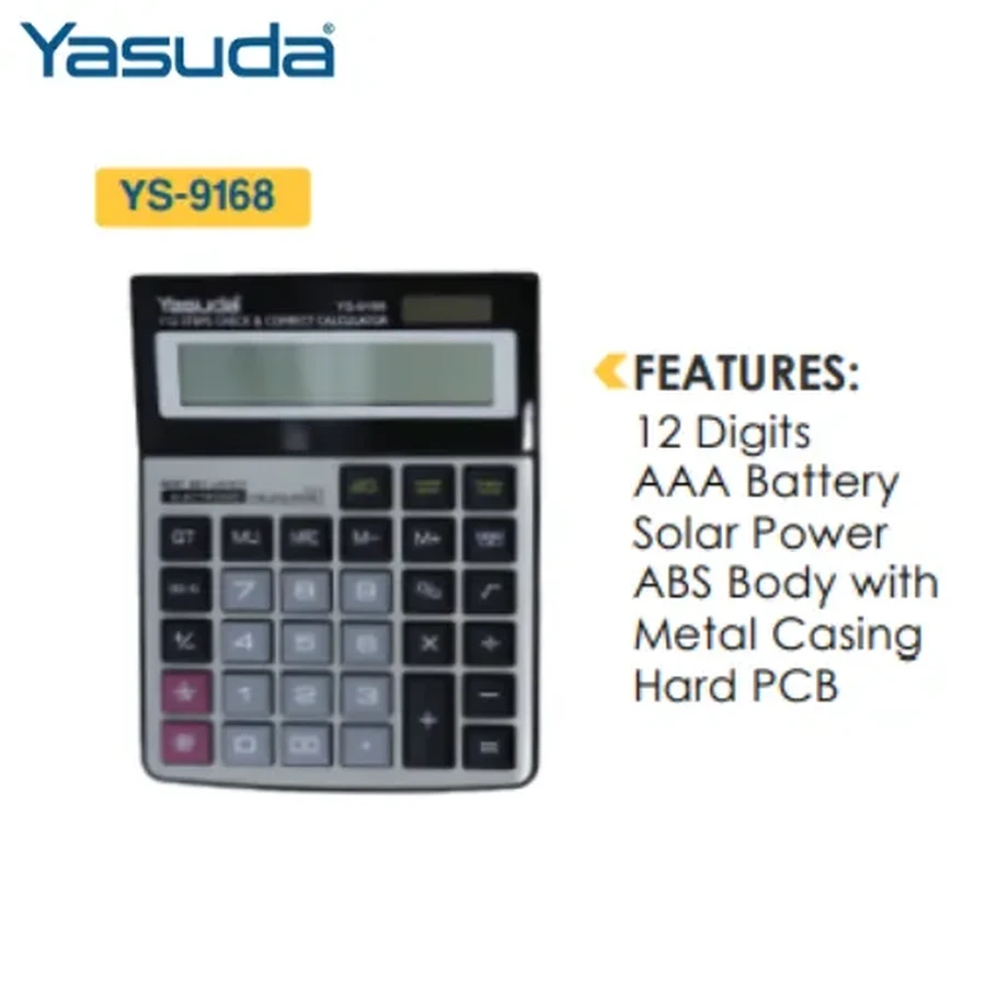 Yasuda YS-9168 Calculator - 12 Digits, Solar + AAA Dual Power, Durable ABS Body with Metal Casing, Hard PCB
