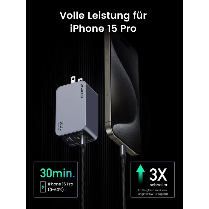 UGREEN Nexode Pro 100W 3-Port GaN Fast Charger | 2x USB-C & 1x USB-A PD 3.0 / PPS Ultra-Slim High-Speed Power Adapter (US Plug) | Nexode Pro Series