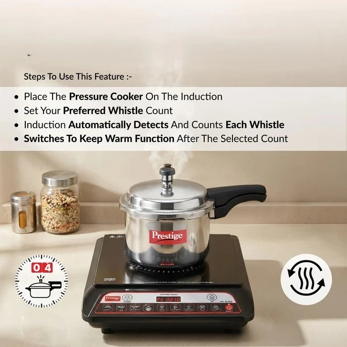 Prestige PIC 20.0 1600W Induction Cooktop with Automatic Whistle Counter & Keep Warm Function | Feather Touch Glass Top Stove - Model 41998