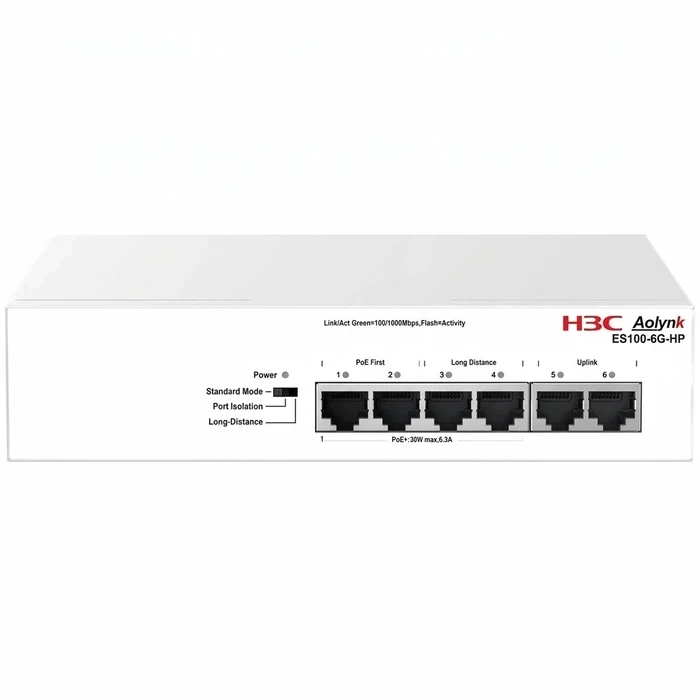 H3C ES100-6G-HP 6-Port Gigabit Unmanaged Switch (4 PoE+ & 2 Uplink) | 65W Total PoE 12Gbps 6kV Surge & Long-Distance Mode | H3C Series - ES100-6G-HP