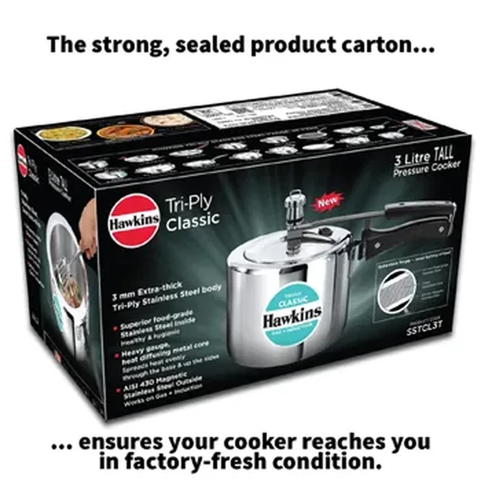 Hawkins Classic 3L Tall Tri-Ply Stainless Steel Pressure Cooker | Wider Mouth, 3mm Extra-Thick Heat Diffusing Body | Gas & Induction Friendly | Model SSTCL3T