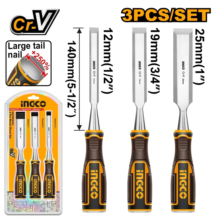 3 Pcs Professional Wood Chisel Set | Chrome Vanadium Steel 140mm Bevel Edge Blades (12mm, 19mm & 25mm) | HKTWCS301