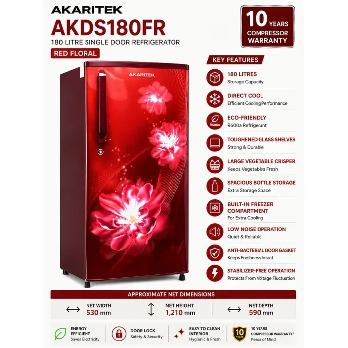 Akaritek 180L Single Door Direct Cool Refrigerator (Eco R600a, Stabilizer-Free) | Toughened Glass Shelves & Anti-Bacterial Gasket Floral Fridge in Blue & Red | AKGS180BF / AKDS180FR