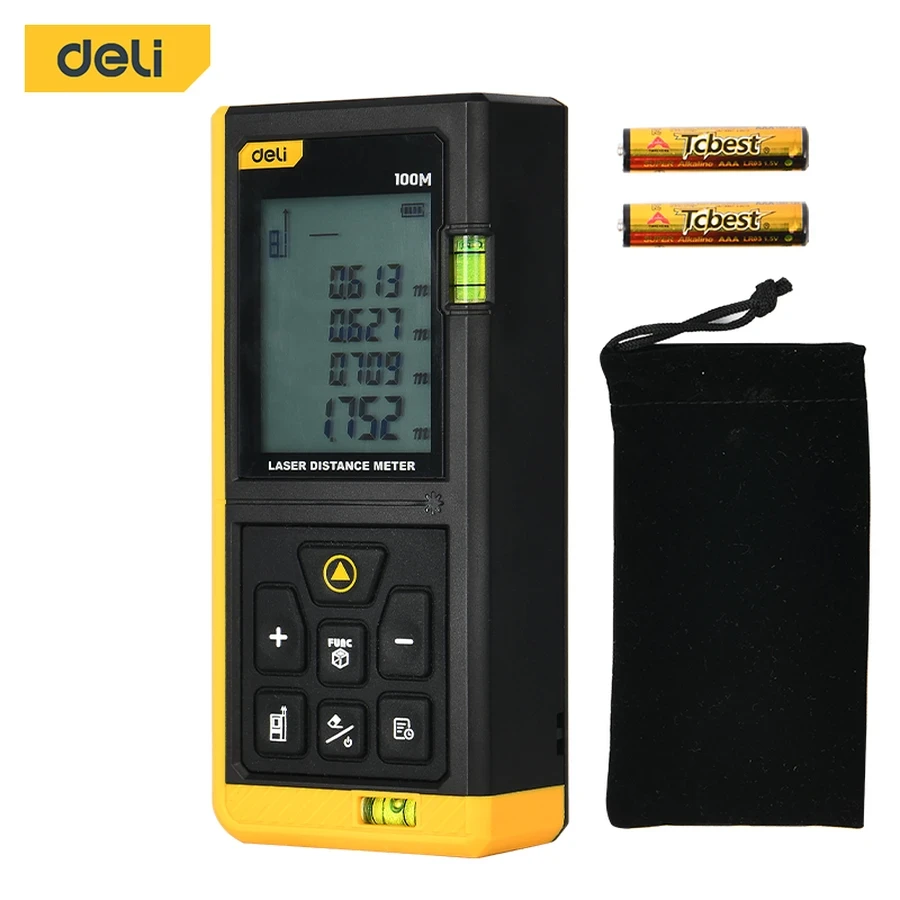 Deli 100M Professional Handheld Laser Distance Meter | Millimeter-Accuracy Rangefinder with 1.7" Screen, Dual Laser Projection & 30-Group Data Storage | EDL4170 Yellow