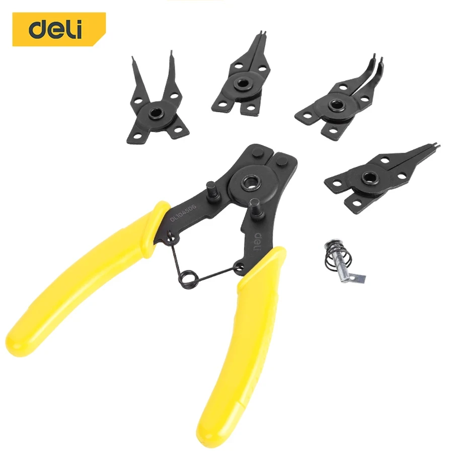 Deli 6" Professional Forged 65Mn High-Carbon Steel Circlip Pliers | Heavy-Duty Precision Snap Ring Removal Tool with Dual-Color Anti-Slip Handles | EDL104506 (Yellow/Black)