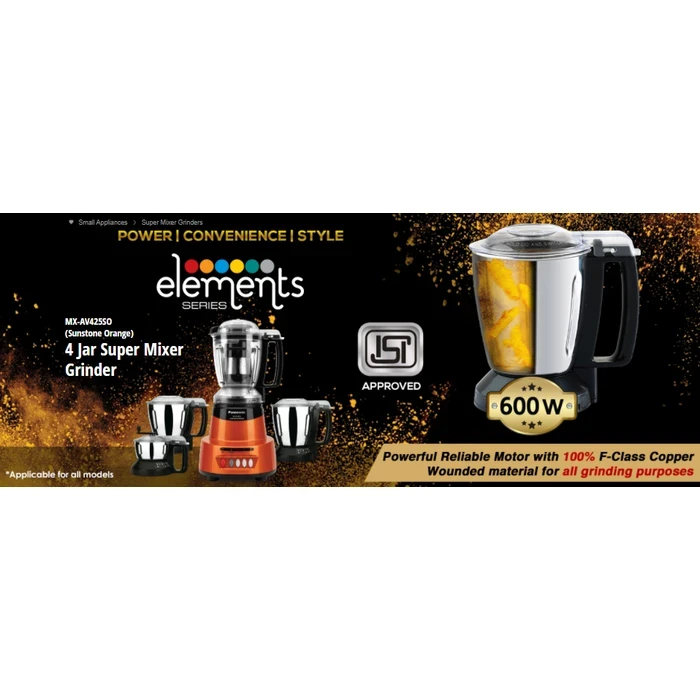 Panasonic 600W Elements Mixer Grinder with 3 Stainless Steel Jars & 1 Juicer Jar | Safety Lock Overload Protection | Wet Dry Blending Chutney Grinding Quartz Yellow/Rustic Red/Sunstone Orange/Charcoal