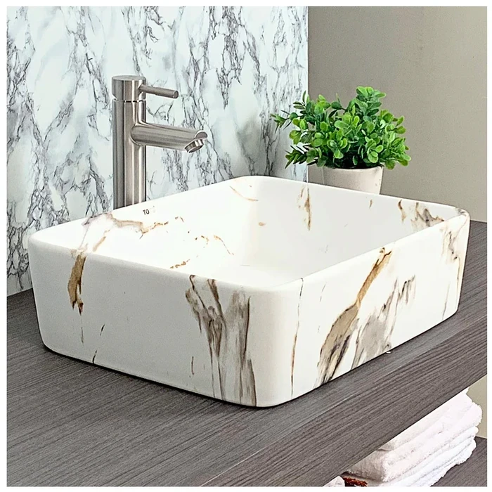 Toyo Car-393 Ceramic Countertop Art Basin 14.5"x19" | White Marble Matt Premium Finish | Stain Resistant Easy to Clean Bathroom Wash Basin | 480x370x130mm