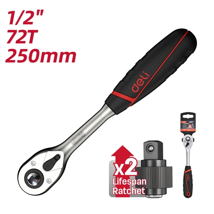 Deli 1/2" Drive Professional 72-Tooth Reversible Ratchet Wrench | Heavy-Duty 250mm Heat-Treated CrMo Steel Socket Driver with Quick Release & 5° Swing Arc | EDQ43802