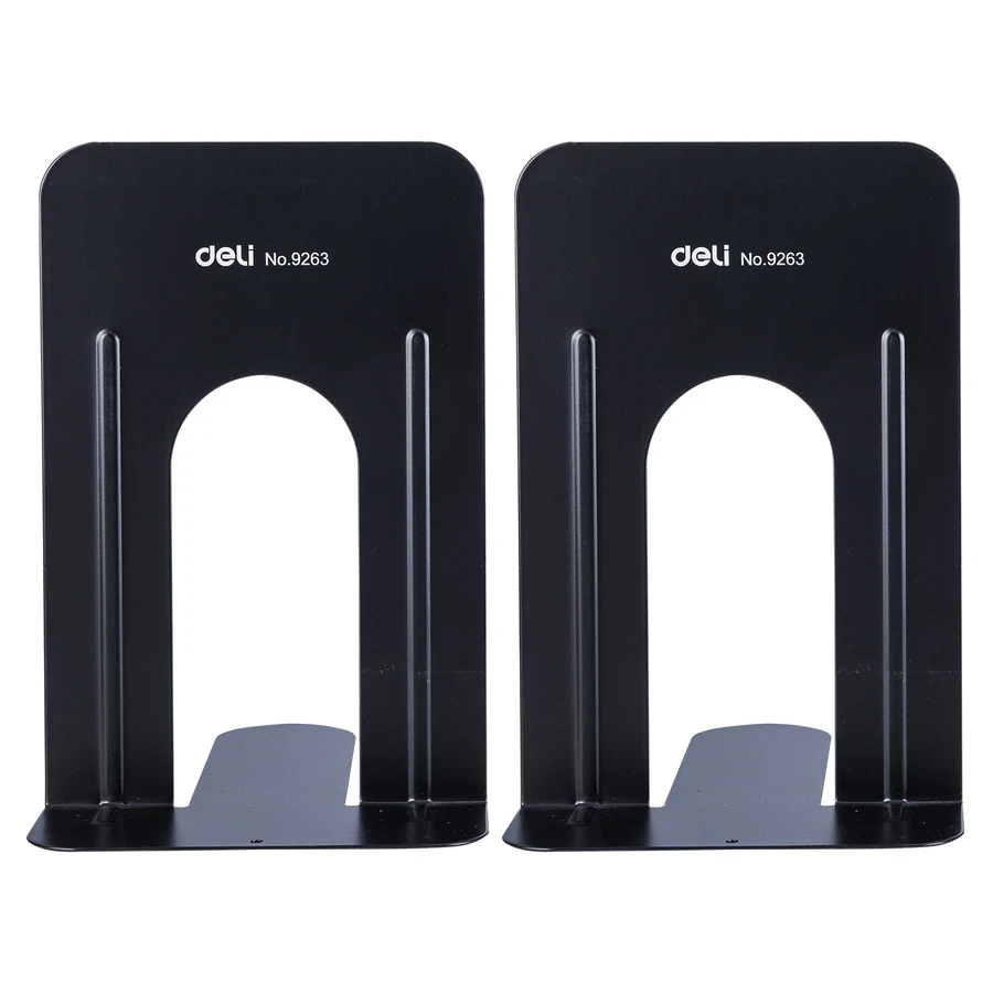 Deli 9-Inch Heavy-Duty Powder-Coated Steel Metal Book Ends (Pair of 2) | Non-Slip EVA Padded Base Desk Organizer (Black) | E9263