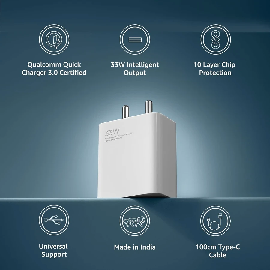 Mi 33W Sonic Charger 2.0 Combo MDY-11-EL - Fast Charging Adapter with 100cm Type C Cable, Safety Protection (White)