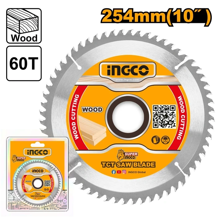 INGCO 254mm (10") 60T TCT Wood Cutting Circular Saw Blade | 30mm Arbor with 16mm & 25.4mm Adapter Rings Suitable for Professional Mitre Saws and Model BM2S180017 | TSB125423