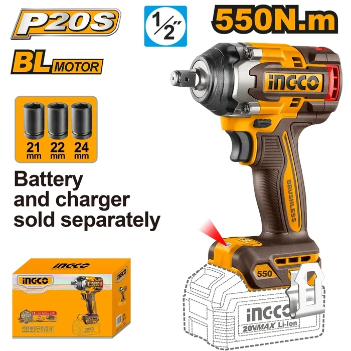 INGCO 20V Cordless Brushless 1/2" Impact Wrench | 700Nm High Breakaway Breakout Torque Nut Runner with 3-Speed Selector, 3-Piece Heavy Socket Set & Belt Clip | CIWLI20551
