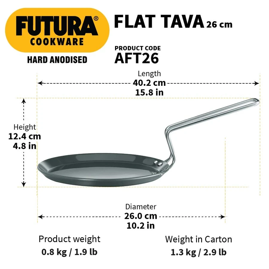 Hawkins AFT26 26cm Hard Anodised Flat Tava | Flat Surface for Dosa & Uttapam | Stay-Cool Stainless Steel Handle | Oven Safe | Black