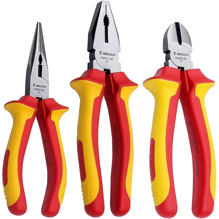 Deli 3PC Professional VDE Insulated Pliers Set | Heavy-Duty 1000V Shock Protection Chrome Vanadium Steel Pliers Kit for Electricians & Industrial Maintenance | EDL512003T