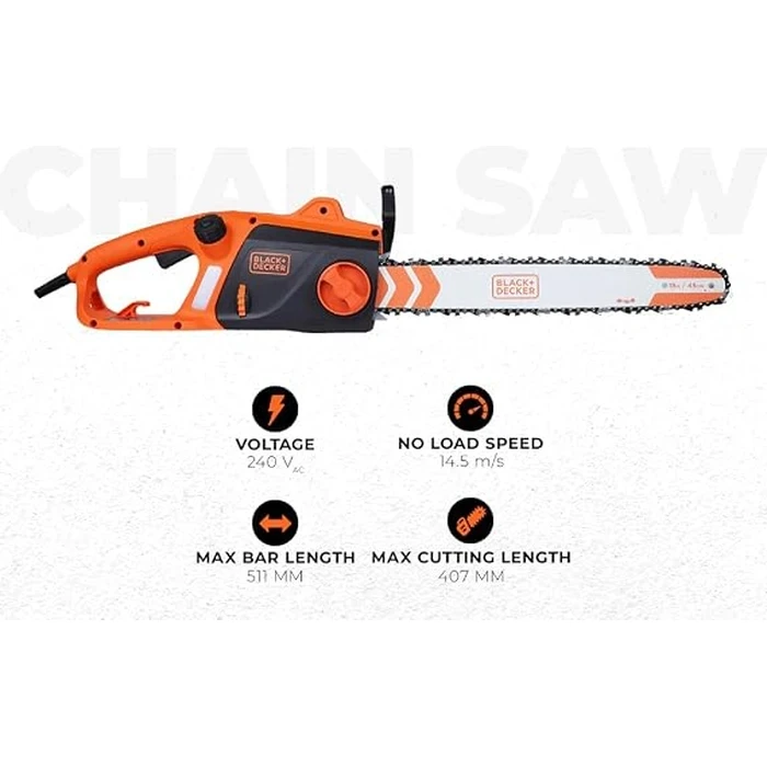BLACK+DECKER 2200W 45cm (18") Corded Electric Chainsaw | Tool-Free Chain Tensioning & Auto-Oiling Safety Brake Log Cutter | BECS2245-IN