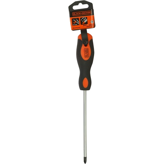 BLACK+DECKER PH2 x 150mm Chrome Vanadium Phillips Screwdriver | Magnetic Tip Long-Reach Bi-Material Soft Grip Fastening Tool | BDHT62297