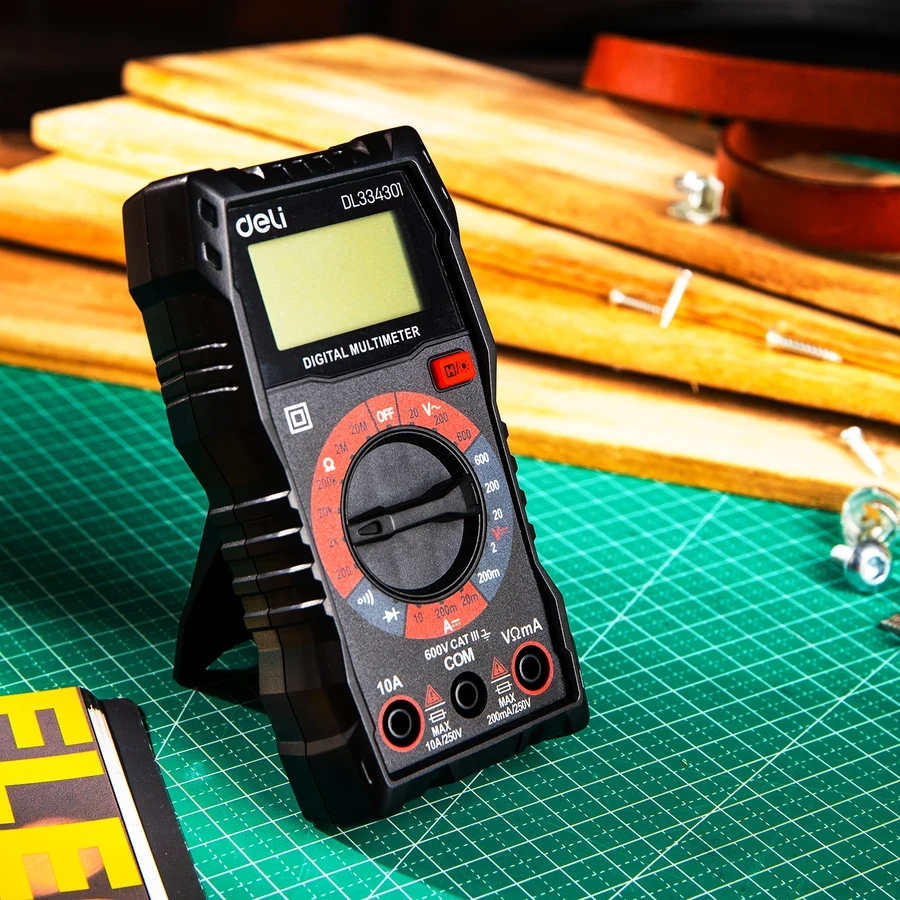 Deli Digital Multimeter CAT III 600V Manual Ranging 3 1/2 Digit Display for AC/DC Voltage, DC Current & Resistance with LCD Backlight (Red) | EDL334301