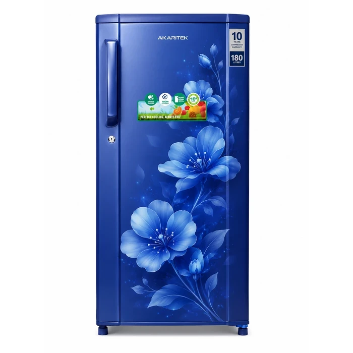 Akaritek 180L Single Door Direct Cool Refrigerator (Eco R600a, Stabilizer-Free) | Toughened Glass Shelves & Anti-Bacterial Gasket Floral Fridge in Blue & Red | AKGS180BF / AKDS180FR