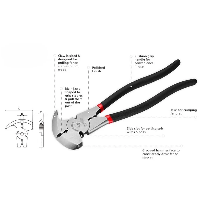 BAUM 10.5" Heavy-Duty Fencing Pliers with Multi-Function Hammer Head | Full-Body Hardened Steel & Induction-Hardened Wire Cutter | Model ART 206 (265mm)