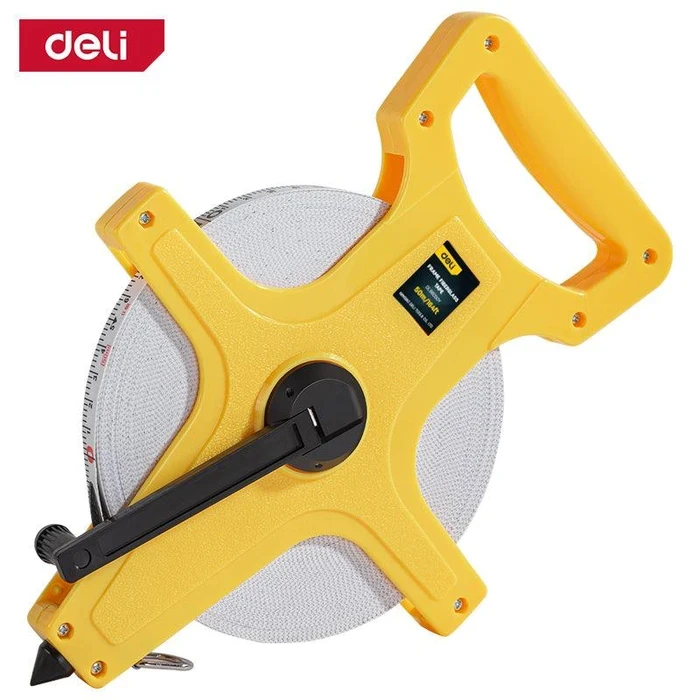 Deli Tools 50m (164ft) Fiberglass Measuring Tape | Non-Conductive Stretch-Resistant Blade with Open Frame Design & Dual Scale | EDL98050Y