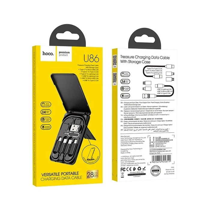HOCO Treasure Charging Cable Kit | Universal 3A Connectivity Matrix | Integrated Storage Case & Phone Holder | U86