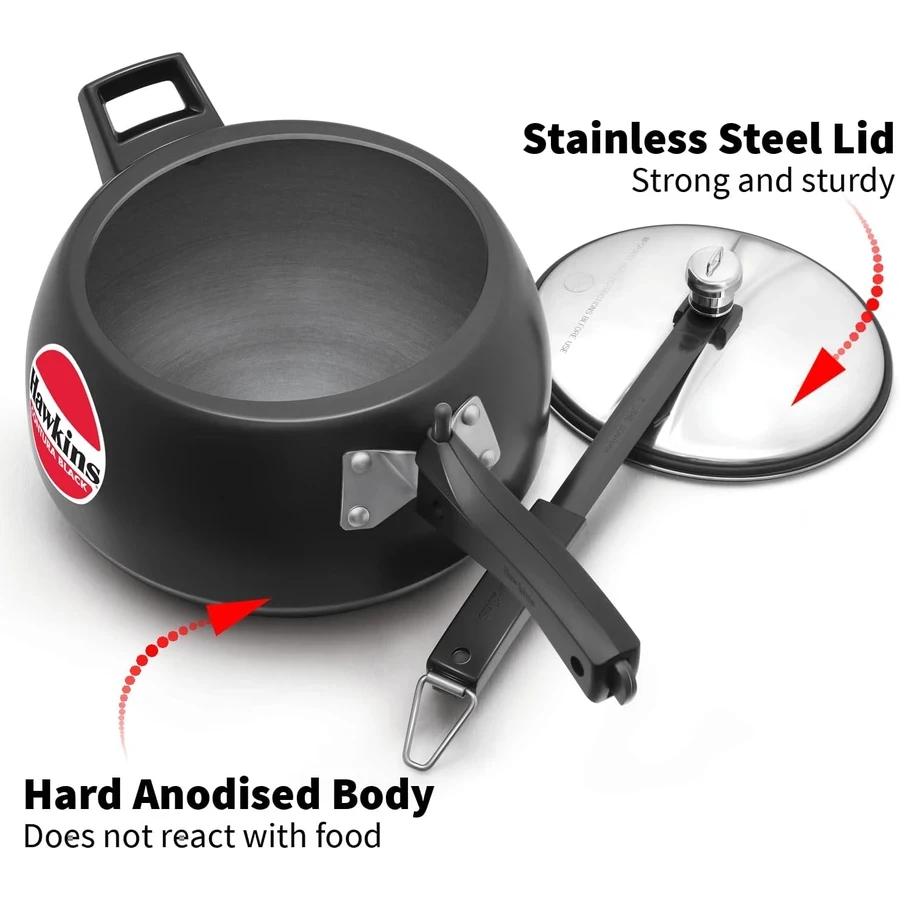 Hawkins Contura Black Pressure Cooker | Hard Anodised Body | Stainless Steel Lid | Rapid Heating Black Base | 1.5L to 5L