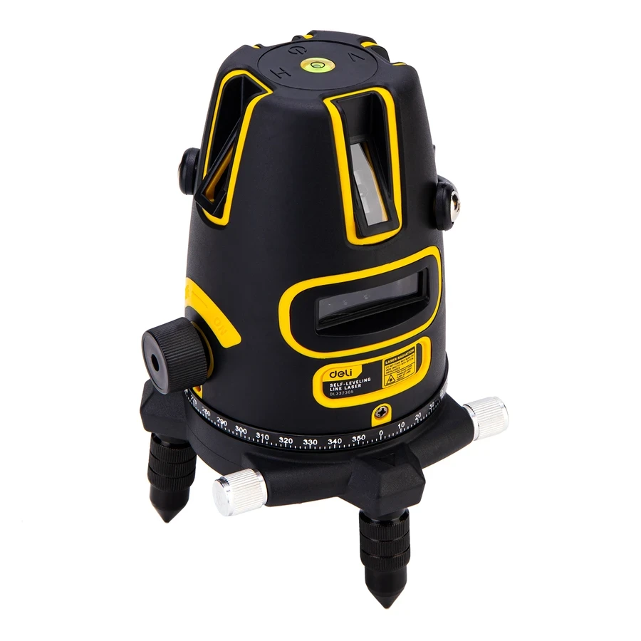 Deli 5-Line LD Green Beam Self-Leveling Laser Level | High-Visibility Outdoor Line Laser with 360° Rotary Base, ±3° Auto-Alarm & Plastic Case | EDL332305