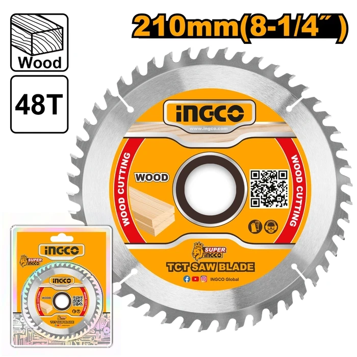 INGCO 210mm (8-1/4") 48T TCT Wood Cutting Circular Saw Blade | 30mm Arbor with 16mm & 25.4mm Adapter Rings Suitable for Professional Mitre Saws and Model BMS14002 | TSB121022