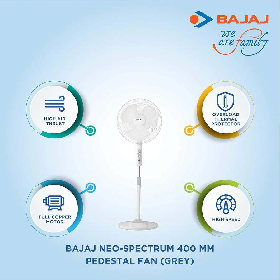 Bajaj Neo Spectrum 16" Pedestal Fan | 2100 RPM High-Speed Copper Motor & 100 CMM Air Delivery | Thermal Overload Protector & Smooth Oscillation | Grey | 250888