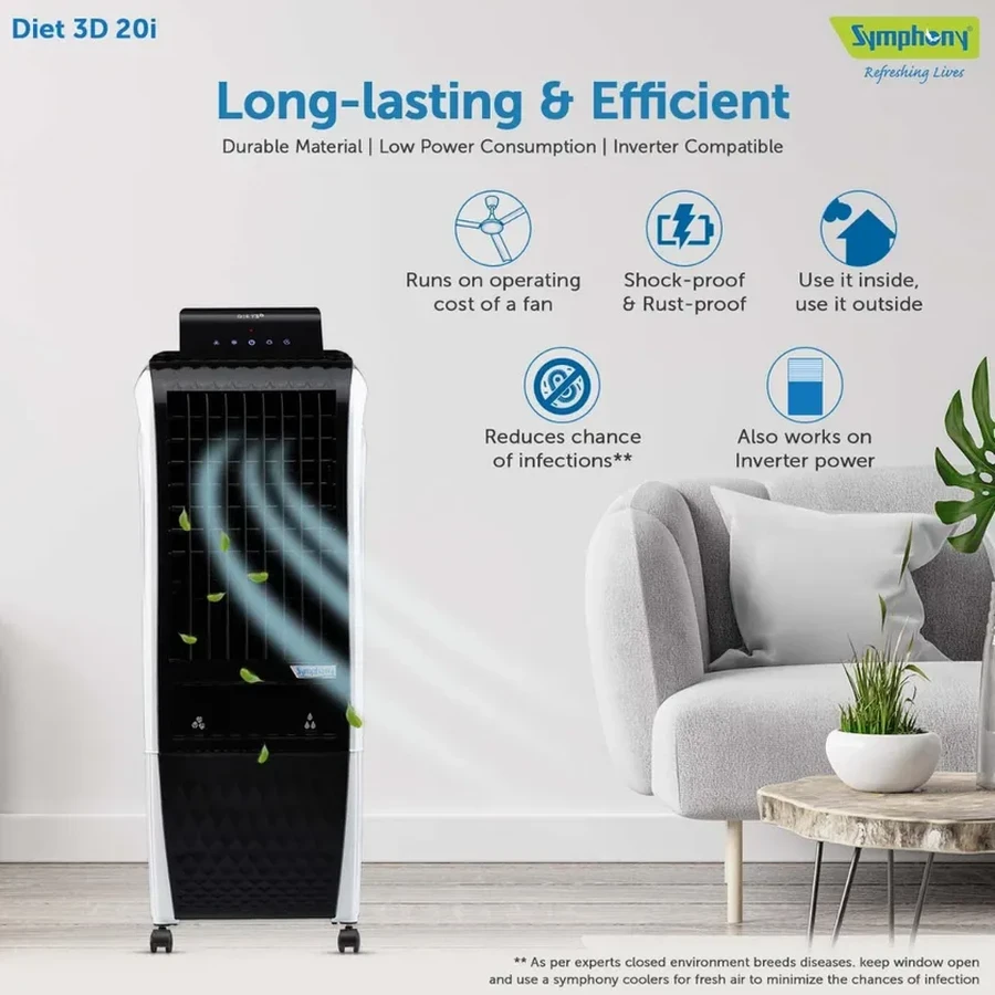 Symphony Diet 3D 20i Tower Air Cooler | 20L Reservoir | Smart Remote Control | 3D Honeycomb Cooling