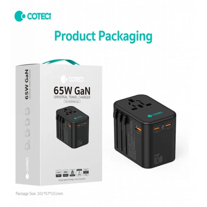 COTECi GaN Travel Adapter | 65W High-Velocity Logic | Dual Type-C & Single USB Matrix | Multi-Country Universal Matrix | 88005