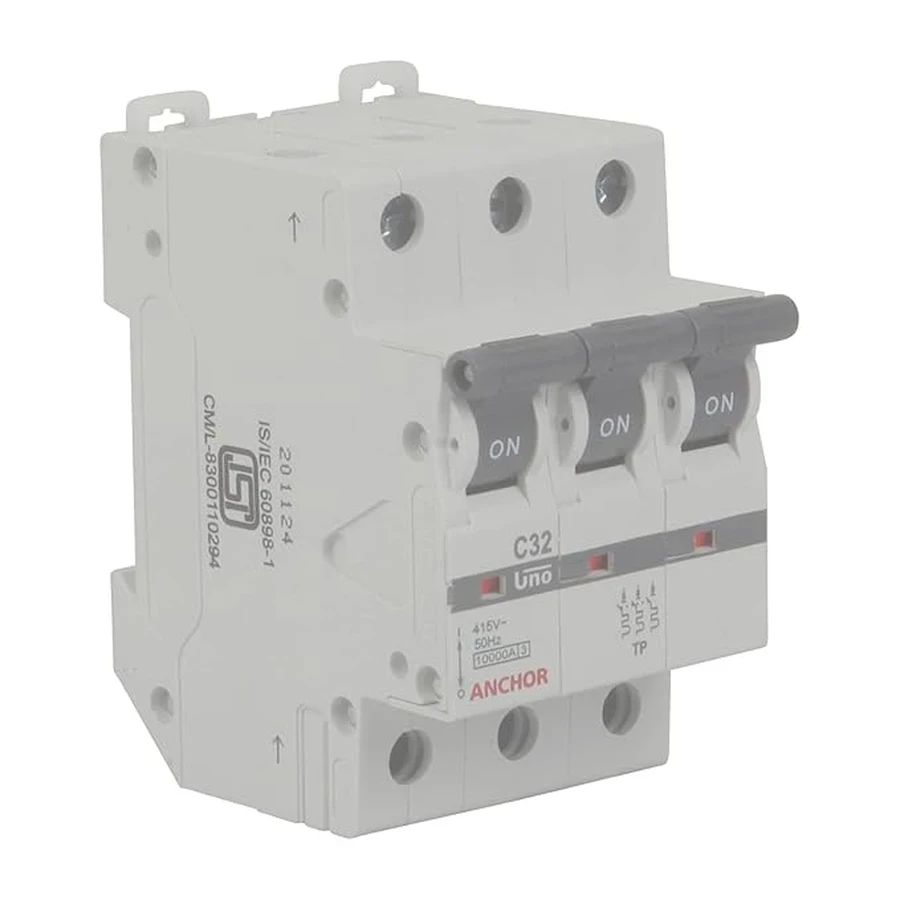 Anchor UNO TP MCB 32A 'C' Curve 98030 - Three Pole, Medium Current Capacity, Screw Mount Standard Circuit Breaker