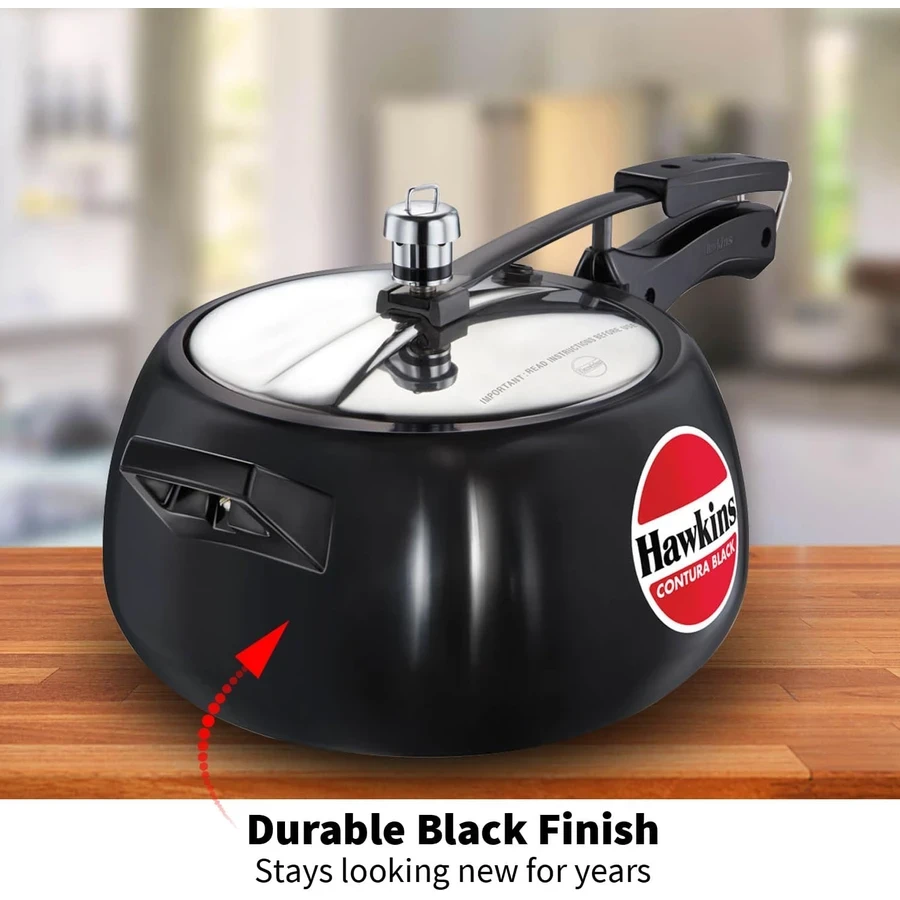Hawkins Contura Black Pressure Cooker | Hard Anodised Body | Stainless Steel Lid | Rapid Heating Black Base | 1.5L to 5L