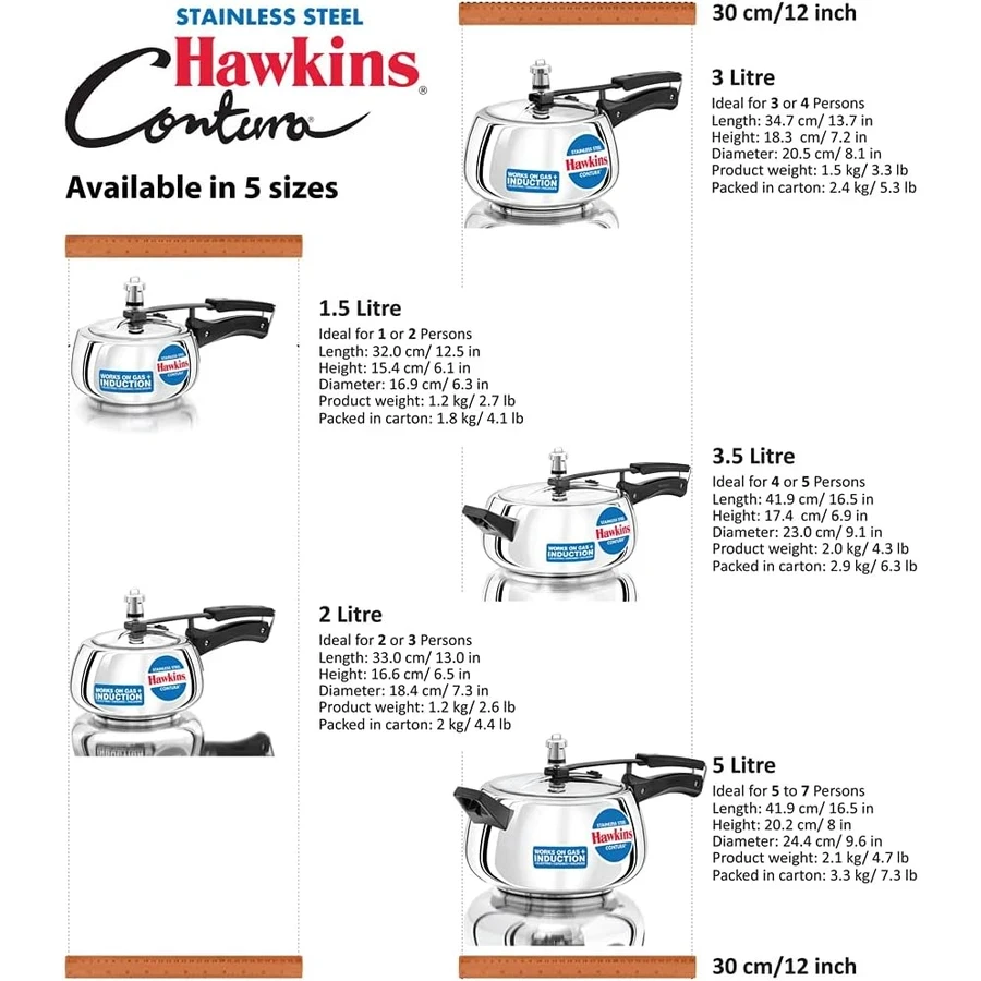 Hawkins SSC15 1.5L Stainless Steel Contura Pressure Cooker | 6.6mm Sandwich Bottom | Induction Compatible | Curved Body | Silver