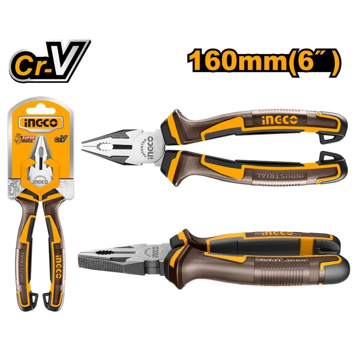 INGCO 6" / 160mm Professional Combination Pliers | Heavy-Duty Chromium-Vanadium Cr-V Steel Wire Gripping & Cutting Tool with Black Polished Finish & TPR Two-Color Handle | HCP28168