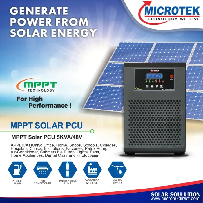 Microtek 5000VA 48V Pure Sine Wave Heavy Duty Hybrid Solar PCU Inverter | True MPPT 30% Extra Energy Generation with Smart Real-Time Clock & LCD | SOLAR PCU TRUE MPPT 5KVA/48V