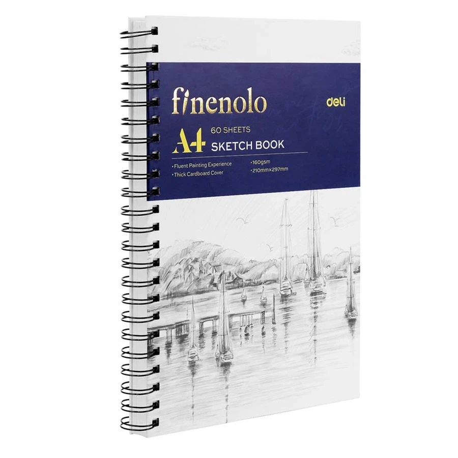 Deli Finenolo A4 Landscape Sketchbook (160gsm, 60 Sheets) | Horizontal Fine Texture Art Paper with Spiral Binding & Hard Backing | EC275